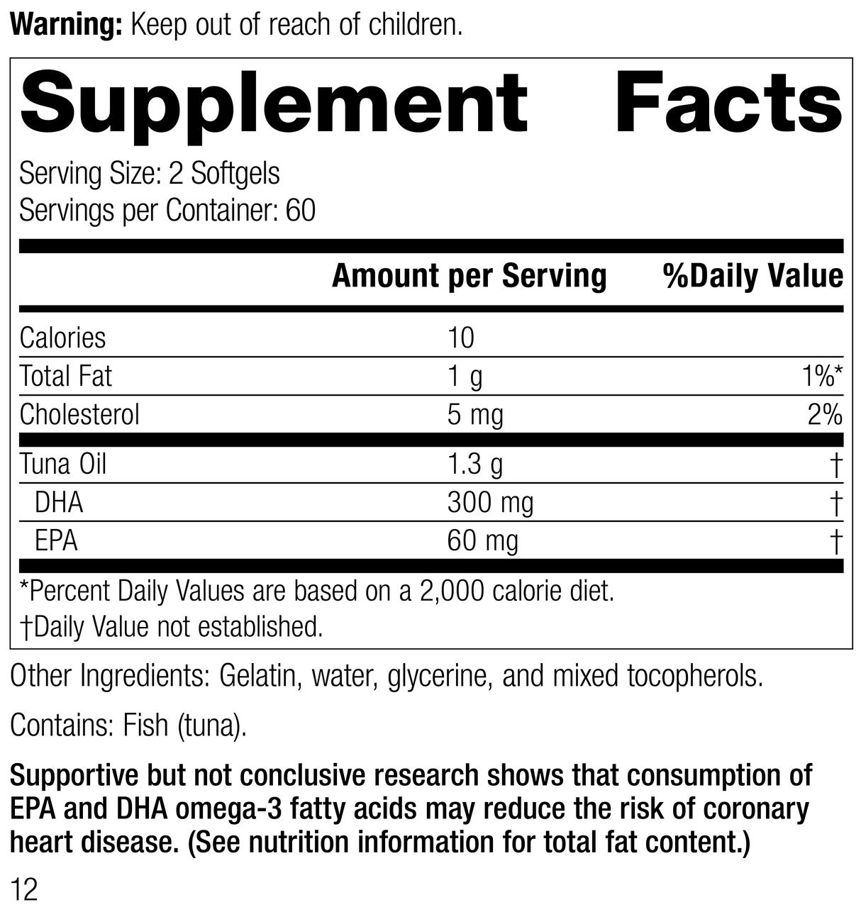 Tuna Omega-3 Oil, 120 Softgels, Rev 11 Supplement Facts