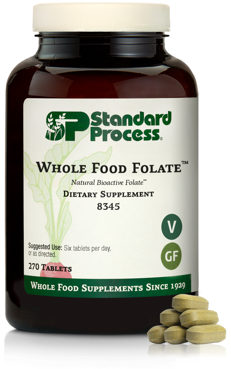 An image of a bottle of Whole Food Folate, next to 6 tablets.