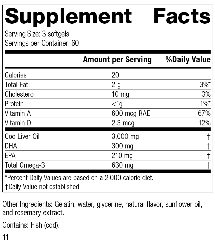 Cod Liver Oil, 180 Softgels, Rev 11 Supplement Facts