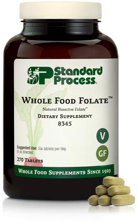 An image of a bottle of Whole Food Folate, next to 6 tablets. 