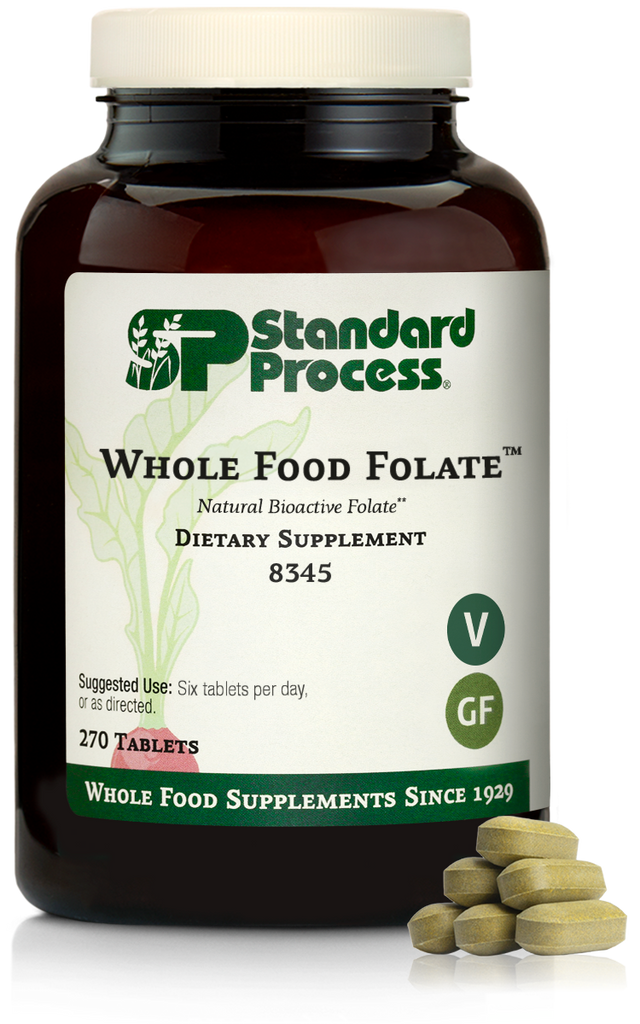 An image of a bottle of Whole Food Folate, next to 6 tablets. 