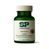 A bottle of Canine Musculoskeletal Support, a powder supplement for dogs’ muscles, ligaments and bone health, next to an image of the powder supplement.