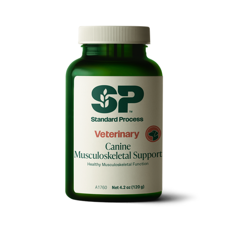 A bottle of Canine Musculoskeletal Support, a powder supplement for dogs’ muscles, ligaments and bone health, next to an image of the powder supplement.